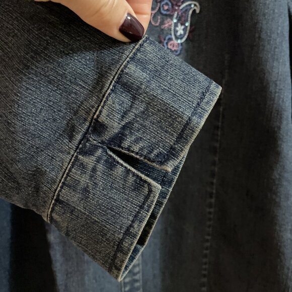 Erika Button Front Denim Shirt Women's PM Blue Embroidered Sequin Western Boho - Picture 3 of 8